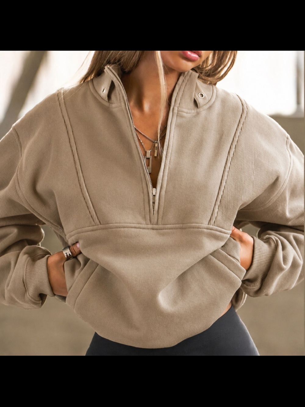 Joah Brown Cropped Half-Zip Sweatshirt in Taupe
